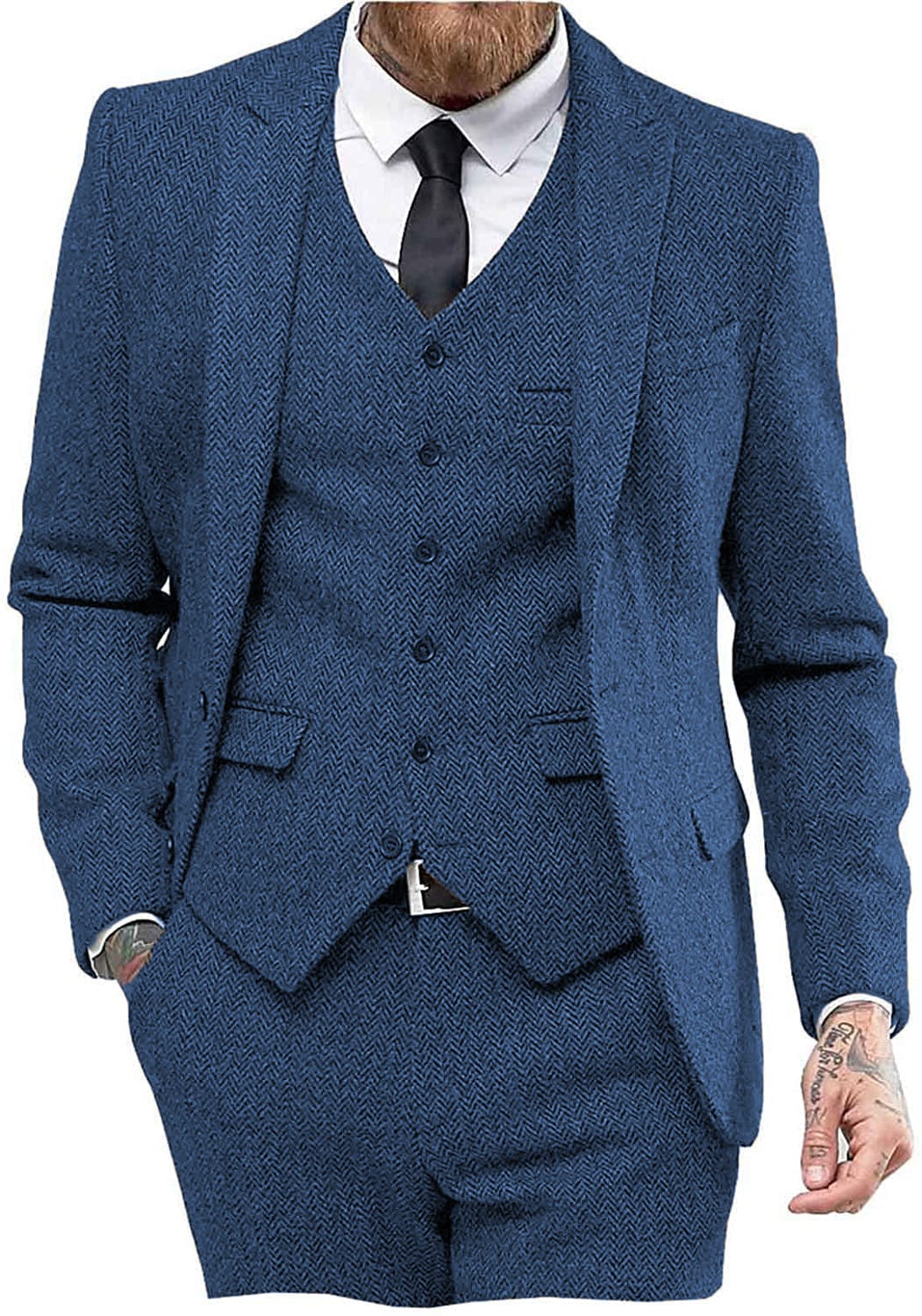 ceehuteey 3 Piece Mens Suit Herringbone Peak Lapel Tuxedos (Blazer+vest+Pants)