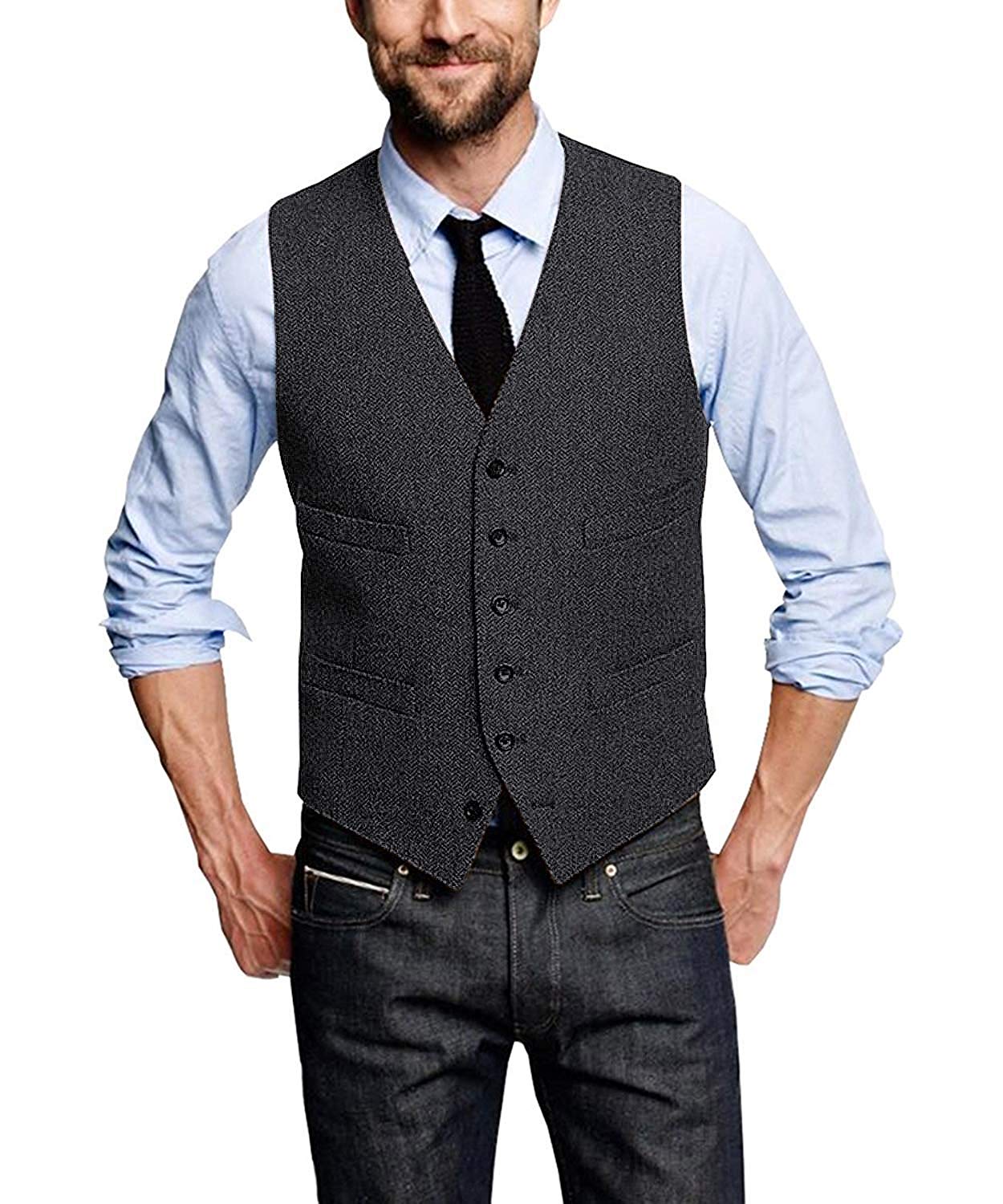 ceehuteey Casual Mens Leisure Tweed Herringbone V Neck Waistcoat