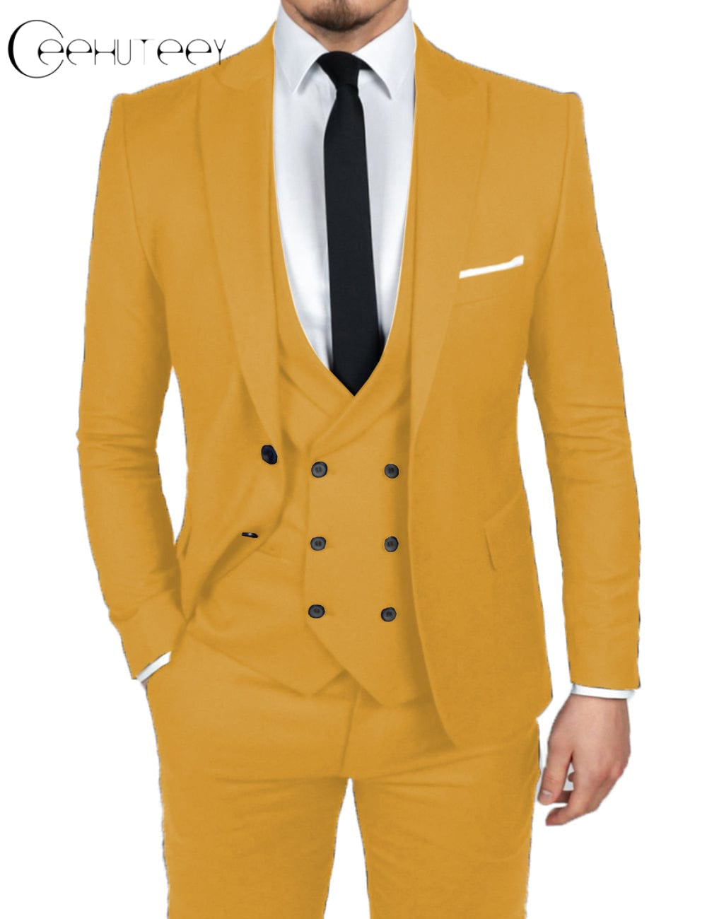 ceehuteey Causal Men's 3 Pieces Dinner Suit Peak Lapel Tuxedos Groom (Blazer+vest+Pants)