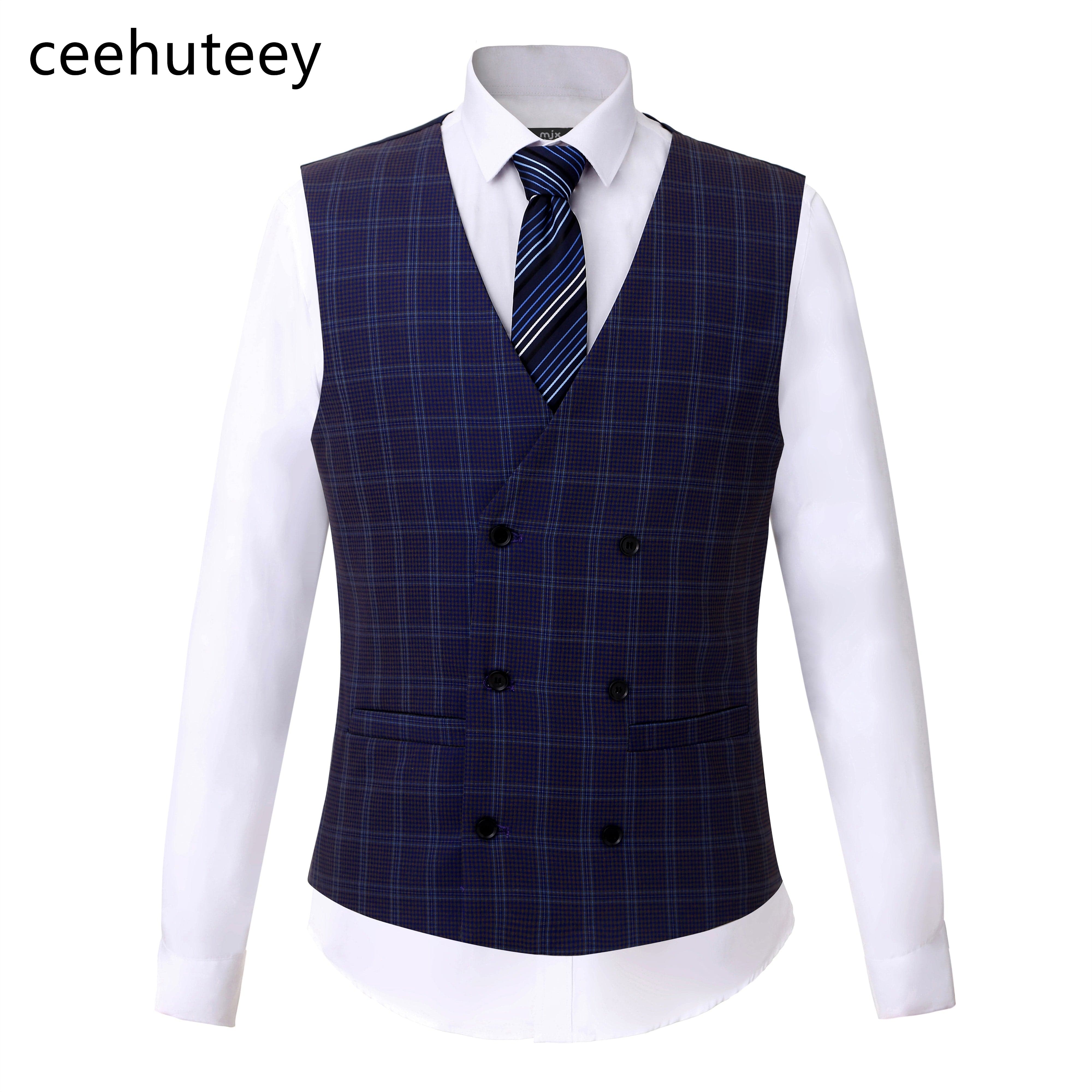 ceehuteey Formal Plaid Men's Business 3 Pieces Tweed  Notch Lapel Suit (Blazer+vest+Pants)