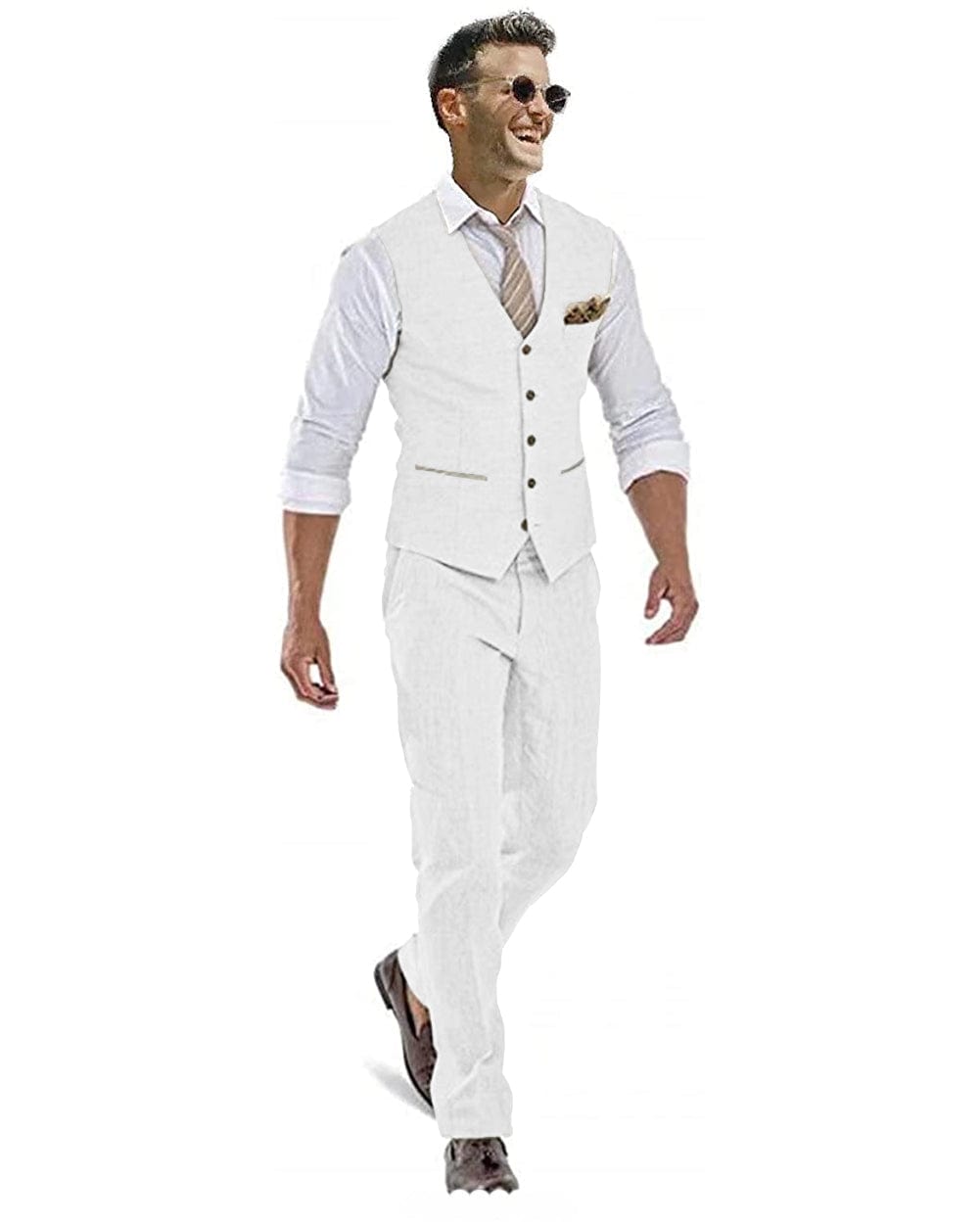 ceehuteey Linen Casual 2 Pieces Mens Suit Flat V Neck Groomsmen (Vest + Pants)