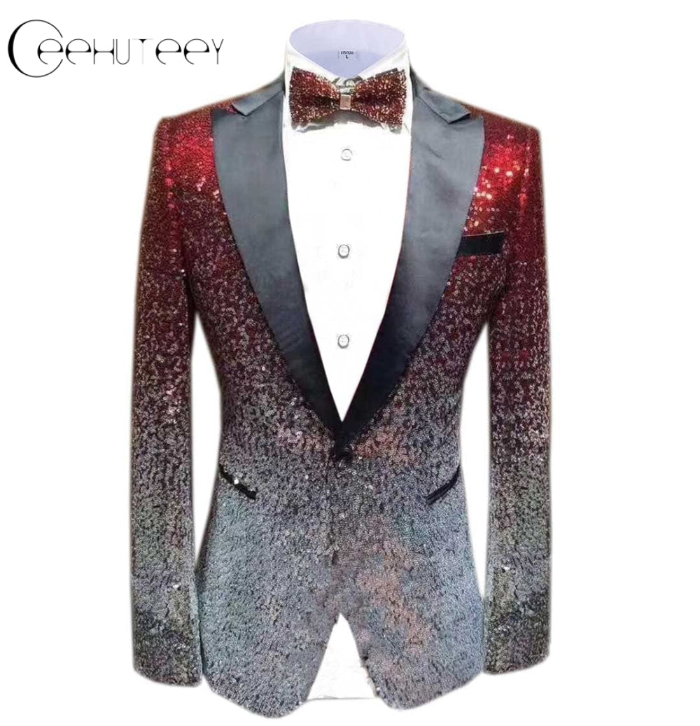 ceehuteey Men Peak Lapel Gradual Change Color Sequins Tuxedos Suit  Blazer