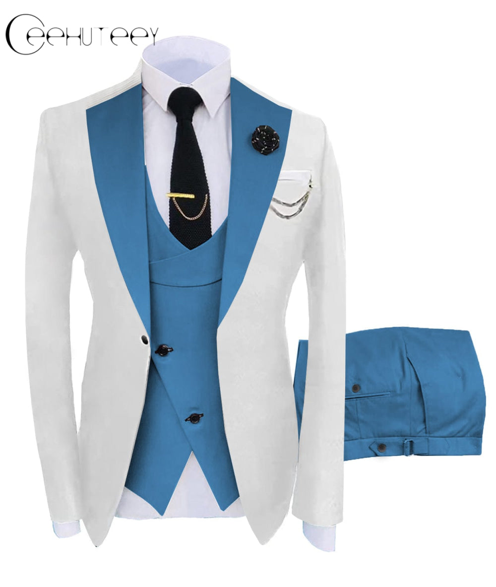 ceehuteey Men's 3 Piece Suits Slim Fit Notch Lapel Western Tuxedos (White Blazer+Vest+ Pant)