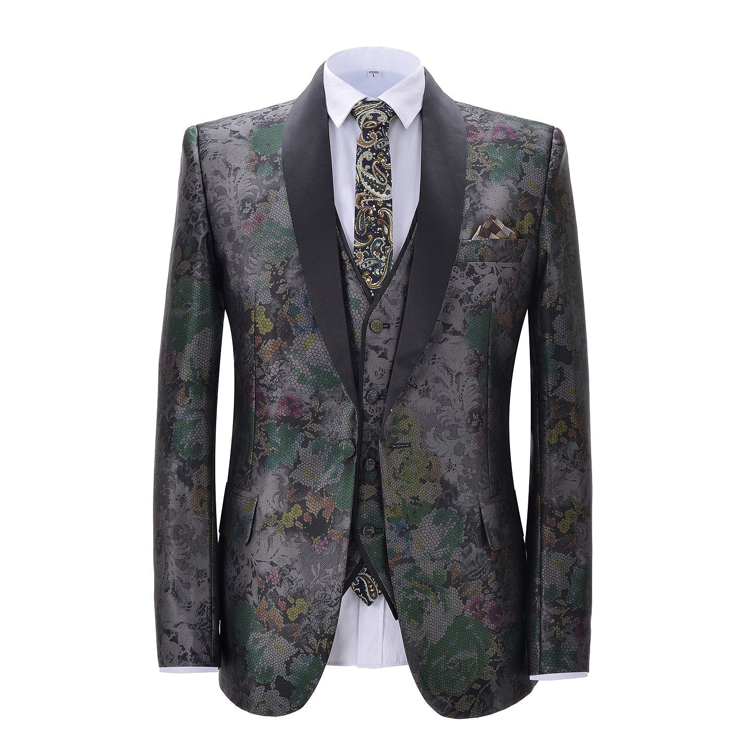 ceehuteey Men's 3 Pieces Peak Lapel Floral Tuxedos Wedding(Blazer+vest+Pants)