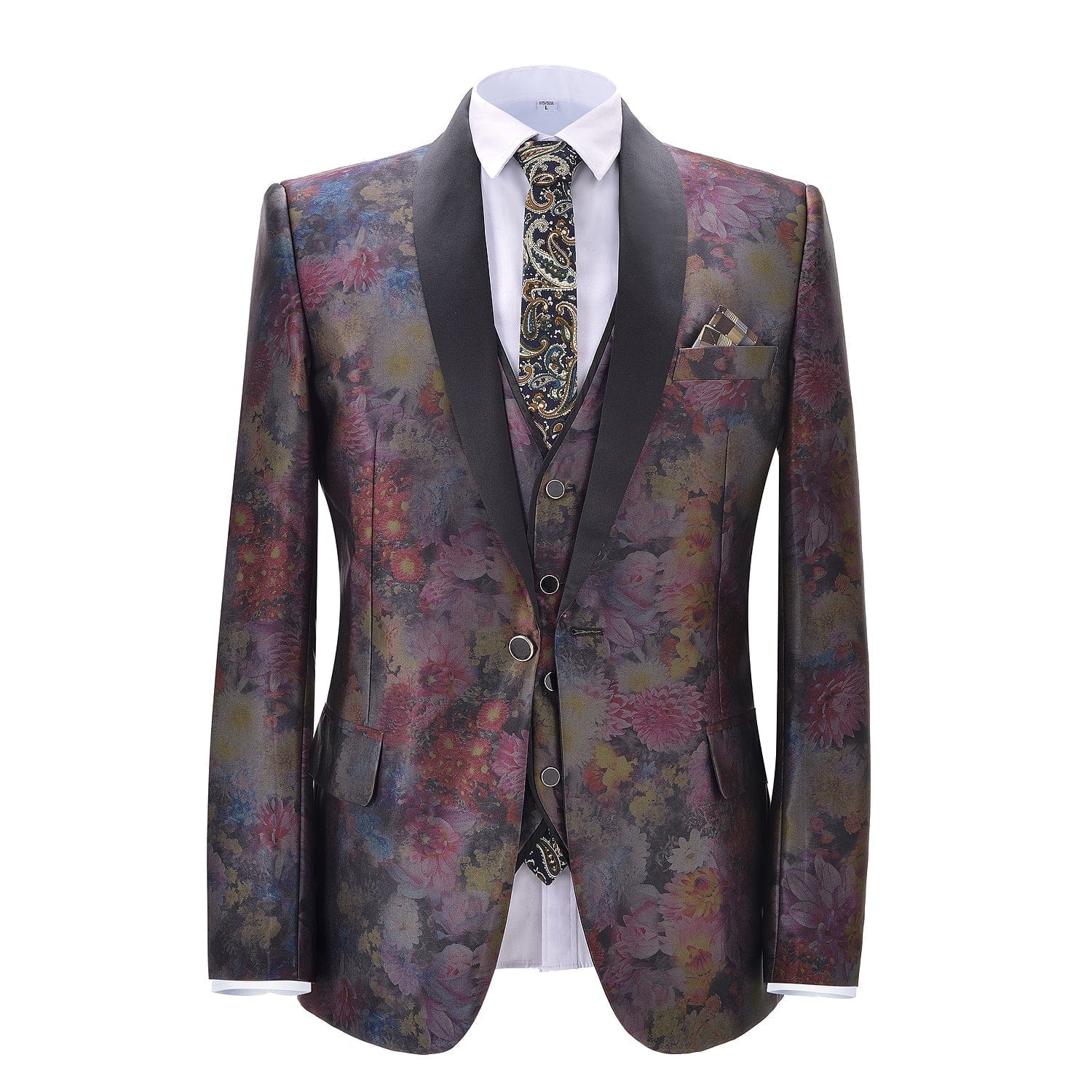 ceehuteey Men's 3 Pieces Shawl Lapel Patterned Tuxedos Wedding Suit (Blazer+vest+Pants)