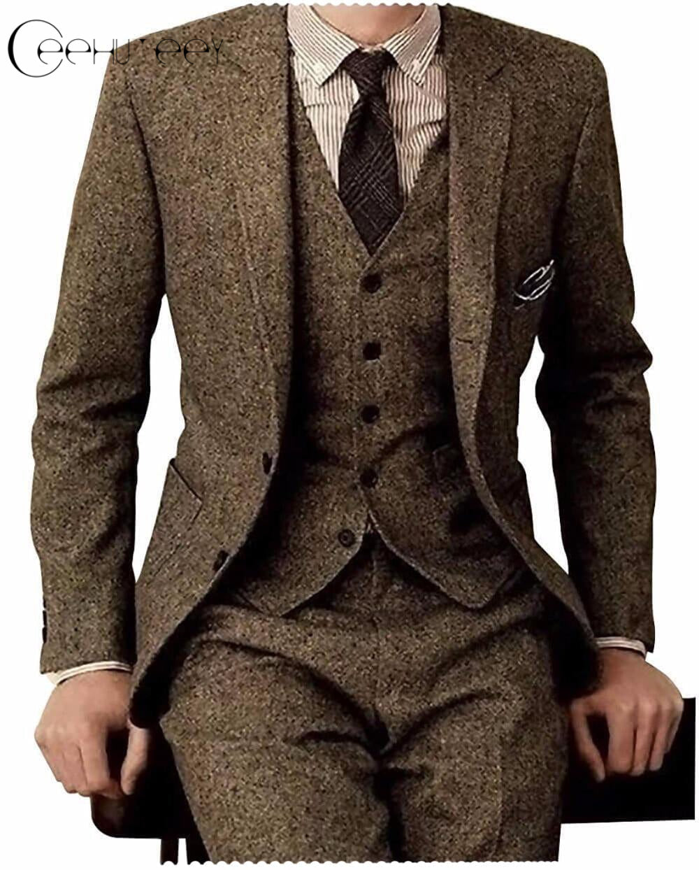 ceehuteey Men's 3 Pieces Suit Classic Tweed Notch Lapel Tuxedos Prom(Blazer+vest+Pants)