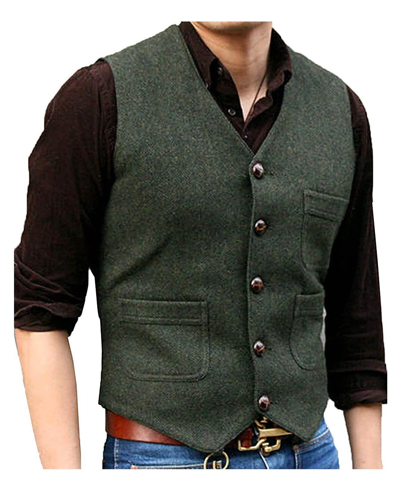 ceehuteey Men's Casual Tweed Herringbone V Neck Waistcoat