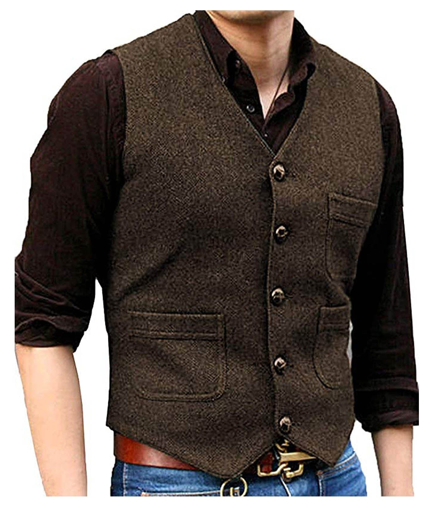 ceehuteey Men's Casual Tweed Herringbone V Neck Waistcoat