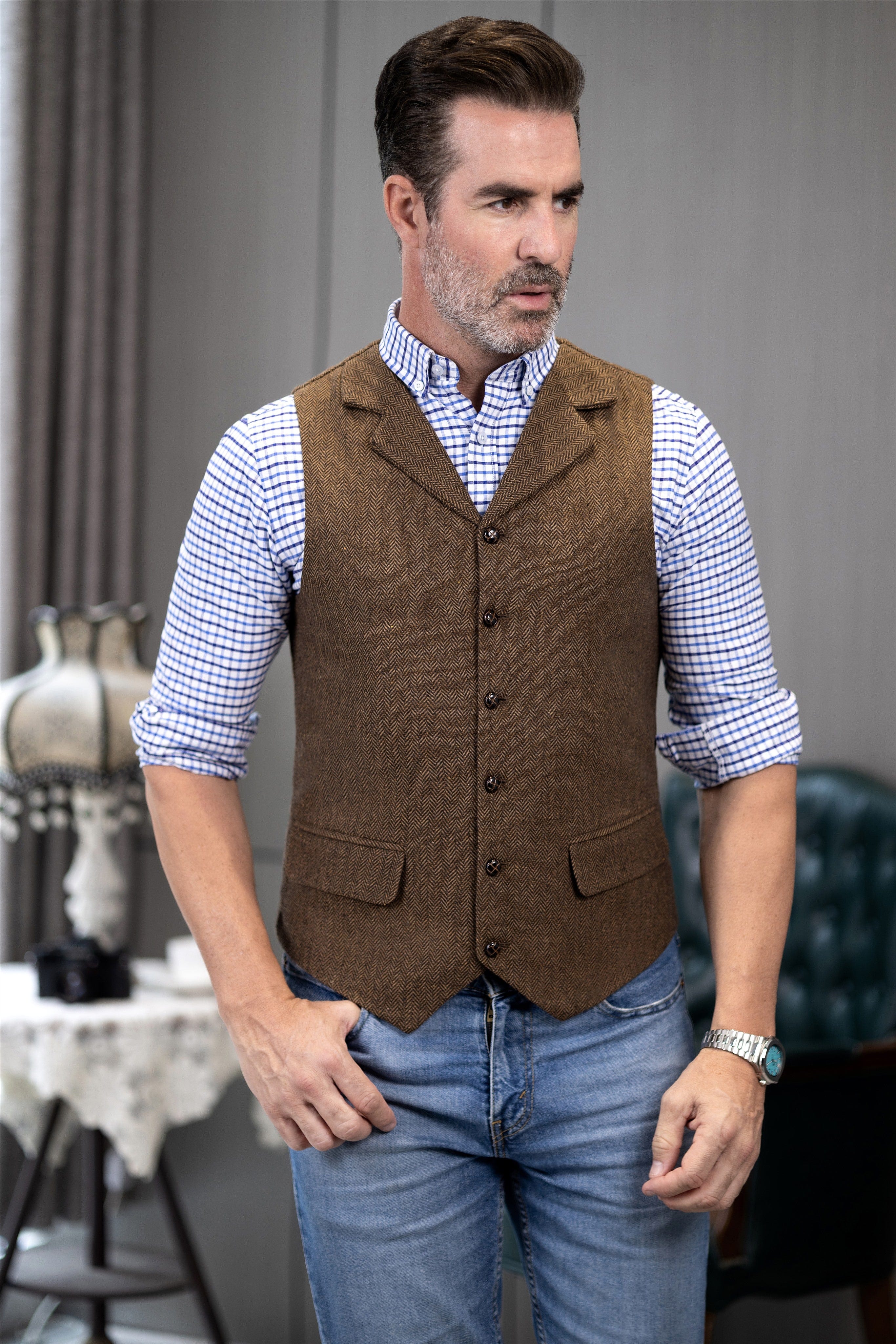 ceehuteey Men's Casual Vest Tweed Herringbone  Notch Lapel Waistcoat