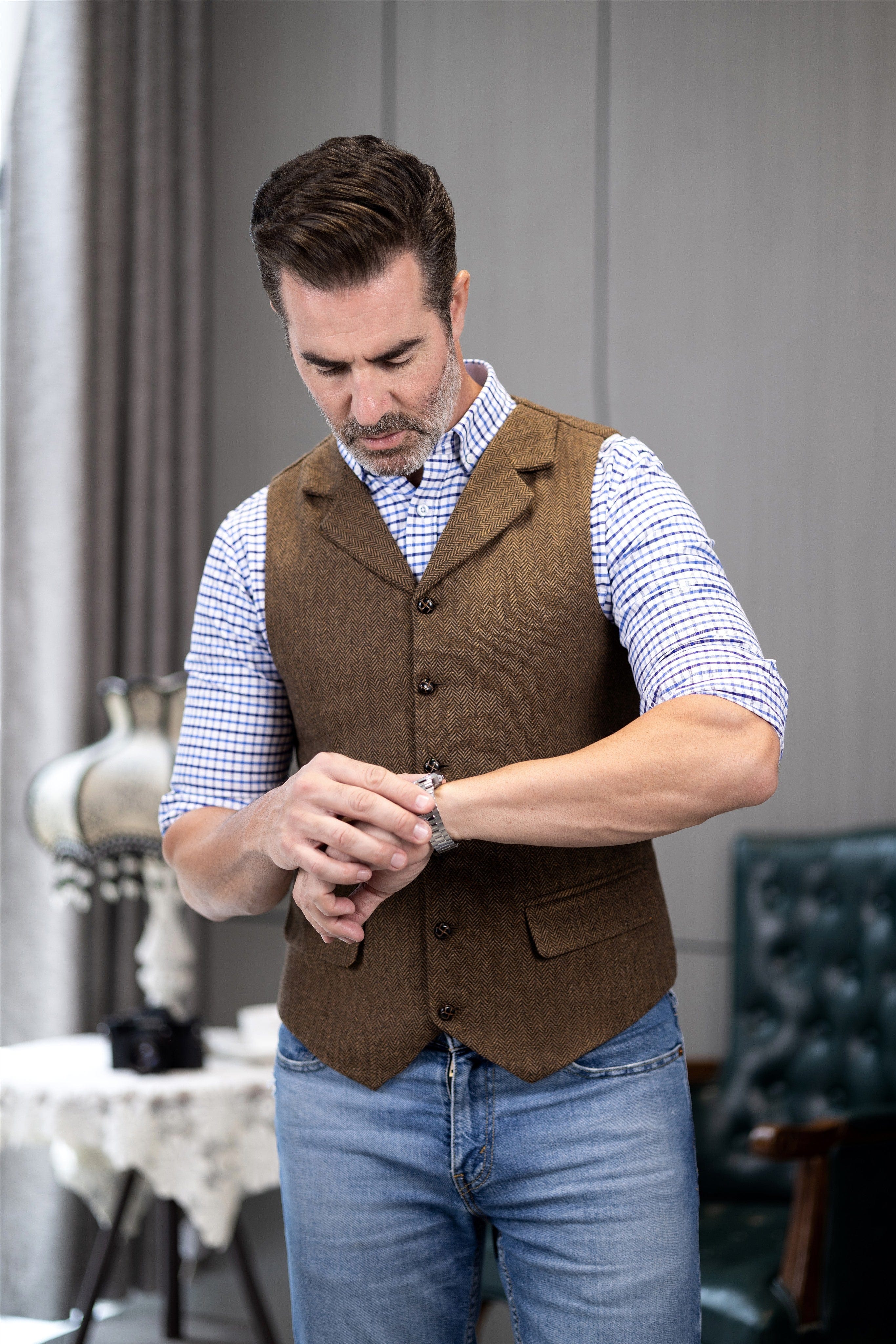 ceehuteey Men's Casual Vest Tweed Herringbone  Notch Lapel Waistcoat