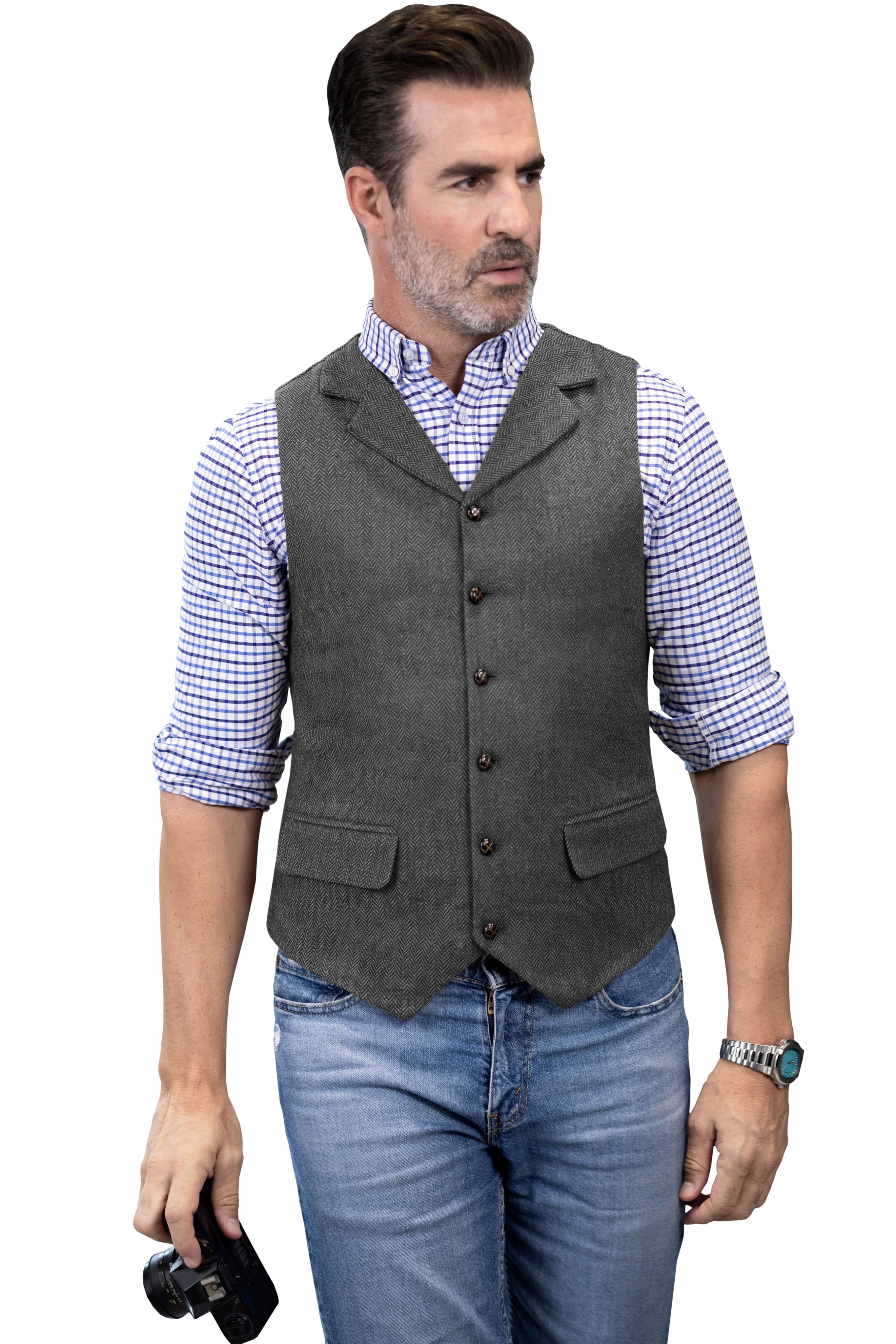 ceehuteey Men's Casual Vest Tweed Herringbone  Notch Lapel Waistcoat