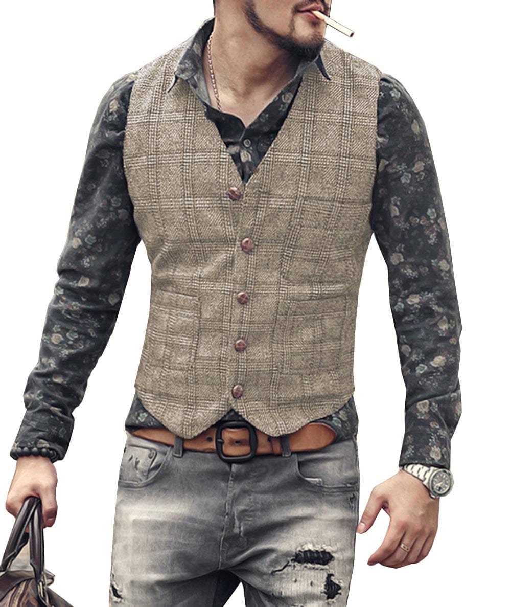 ceehuteey Men's Causual Plaid Tweed V Neck Waistcoat