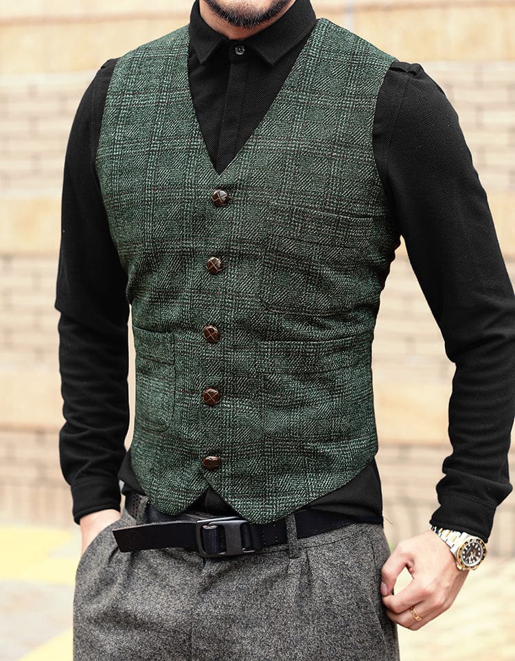 ceehuteey Men's Causual Plaid Tweed V Neck Waistcoat