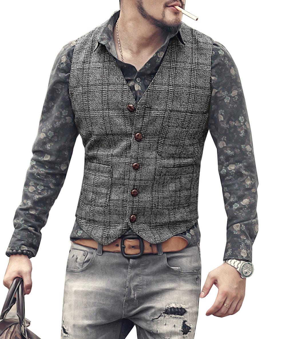 ceehuteey Men's Causual Plaid Tweed V Neck Waistcoat