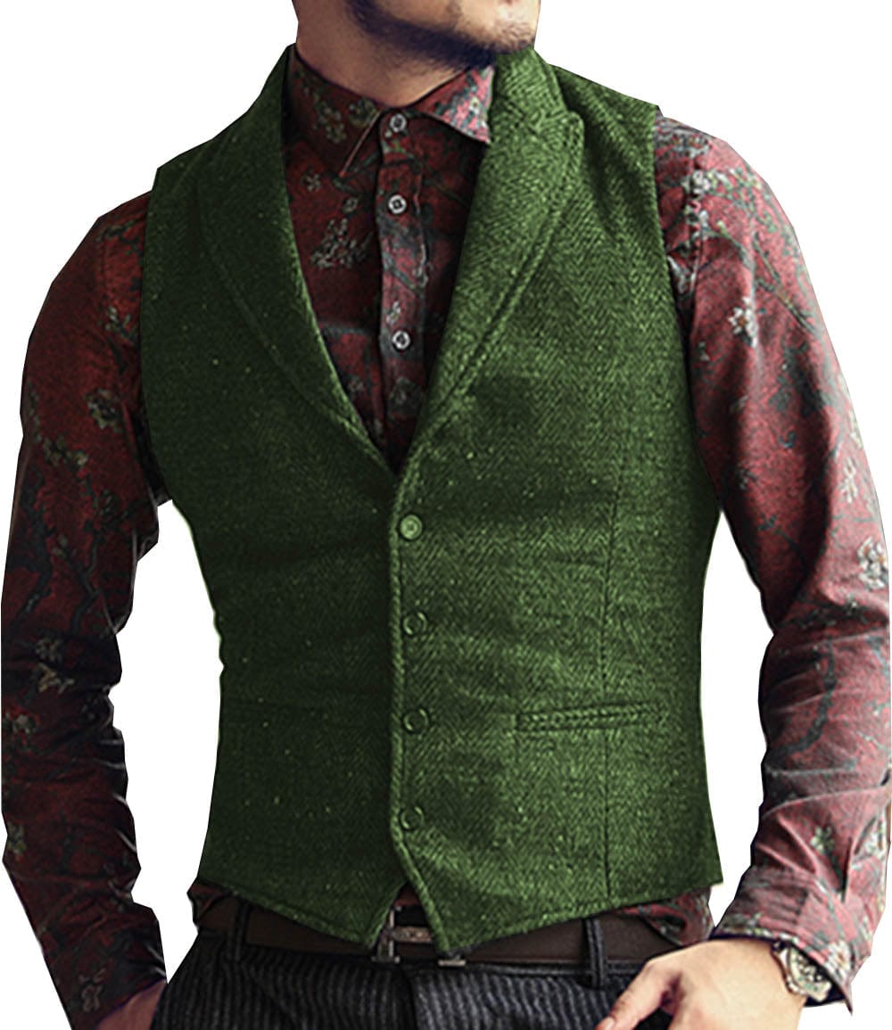 ceehuteey Men's Classic Peak Lapel Tweed Herringbone Waistcoat