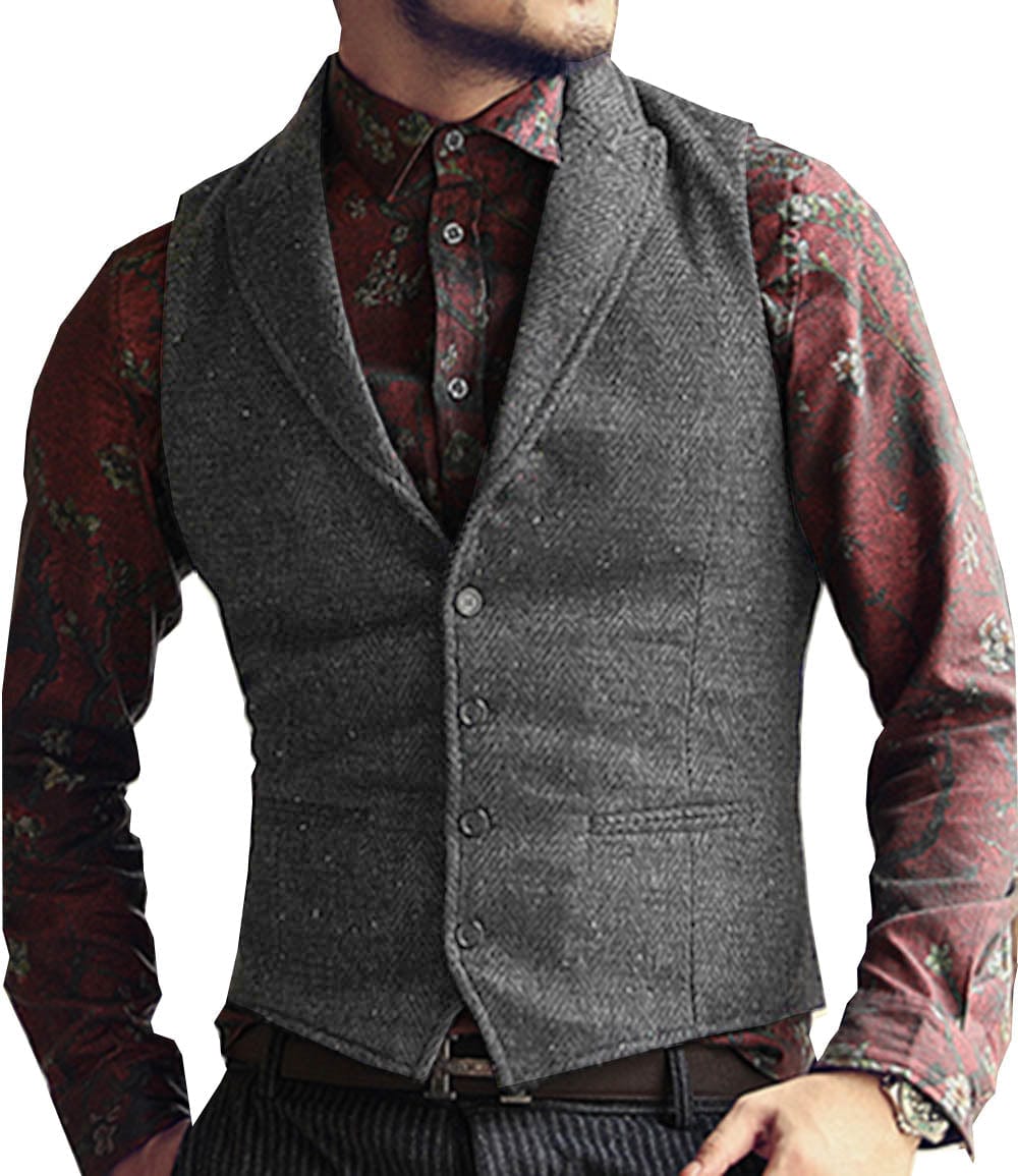 ceehuteey Men's Classic Peak Lapel Tweed Herringbone Waistcoat