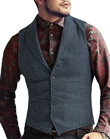 ceehuteey Men's Classic Peak Lapel Tweed Herringbone Waistcoat