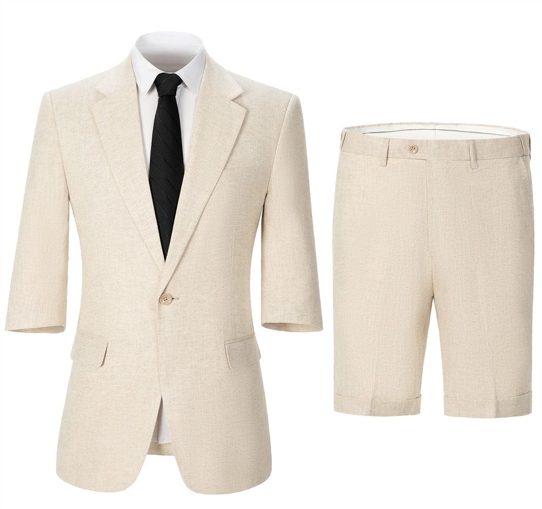 ceehuteey Men's Cotton and Linen Solid Notch Lapel Suit Suit Shorts Two-piece Set