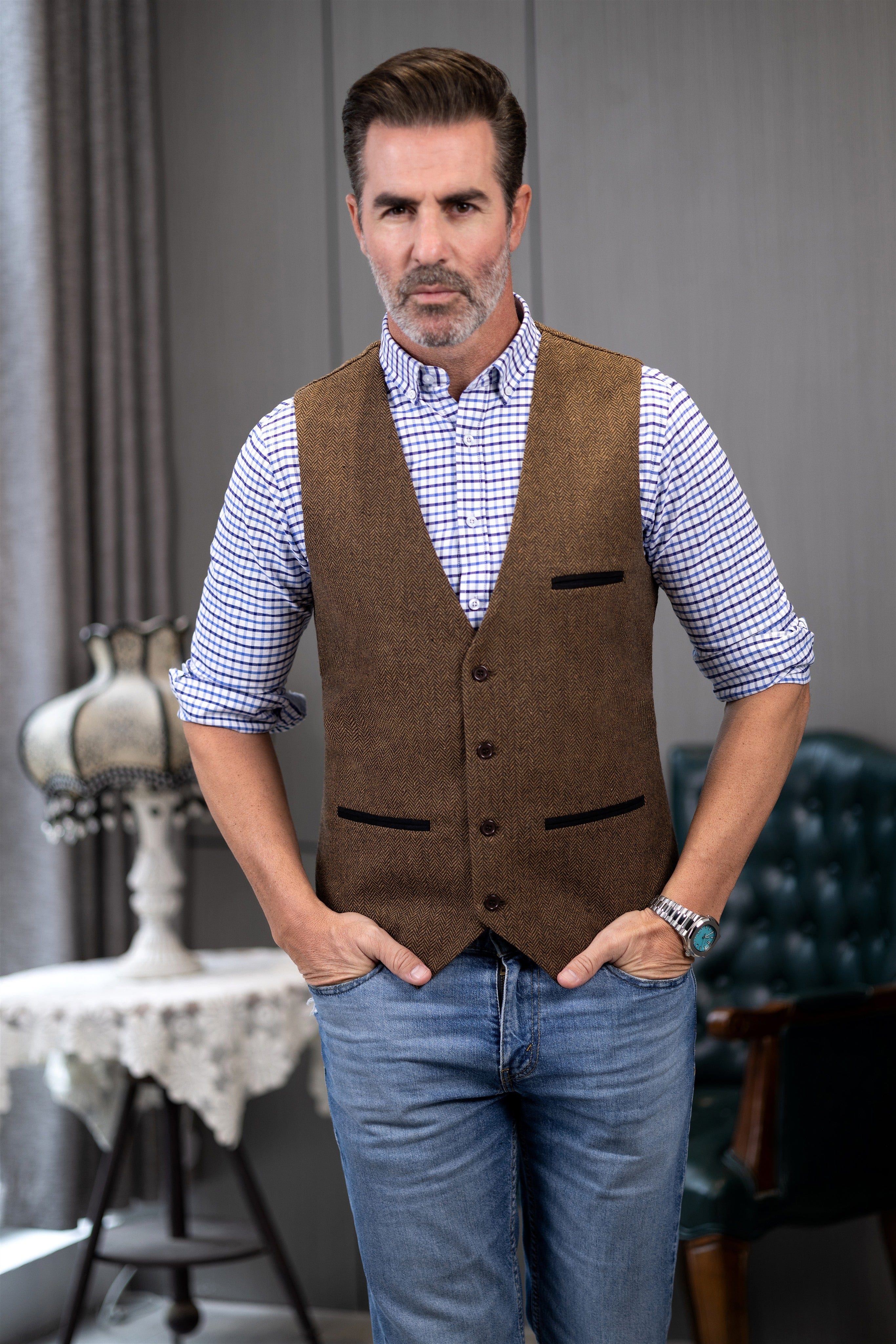 ceehuteey Men's Fashion Herringbone V Neck Waistcoat