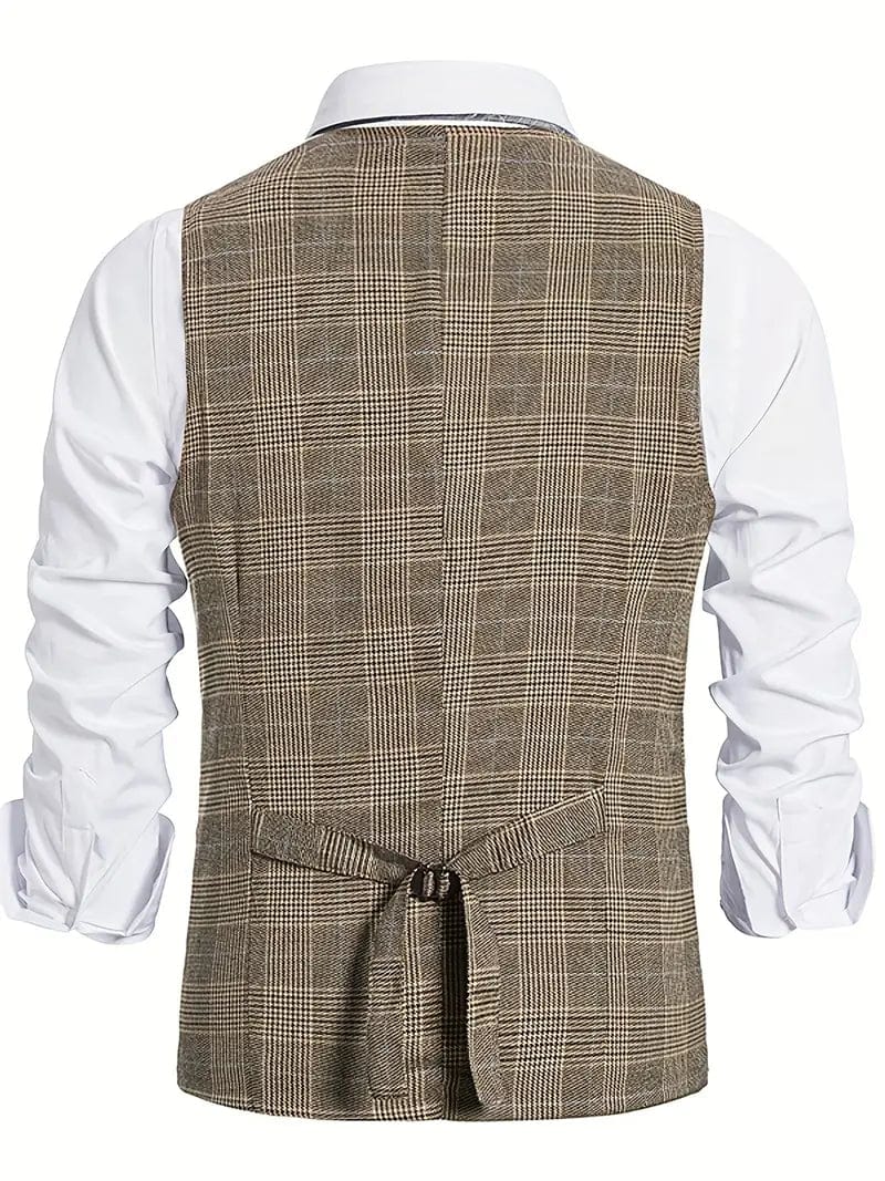 ceehuteey Men's Formal Double Breasted Plaid V Neck Waistcoat