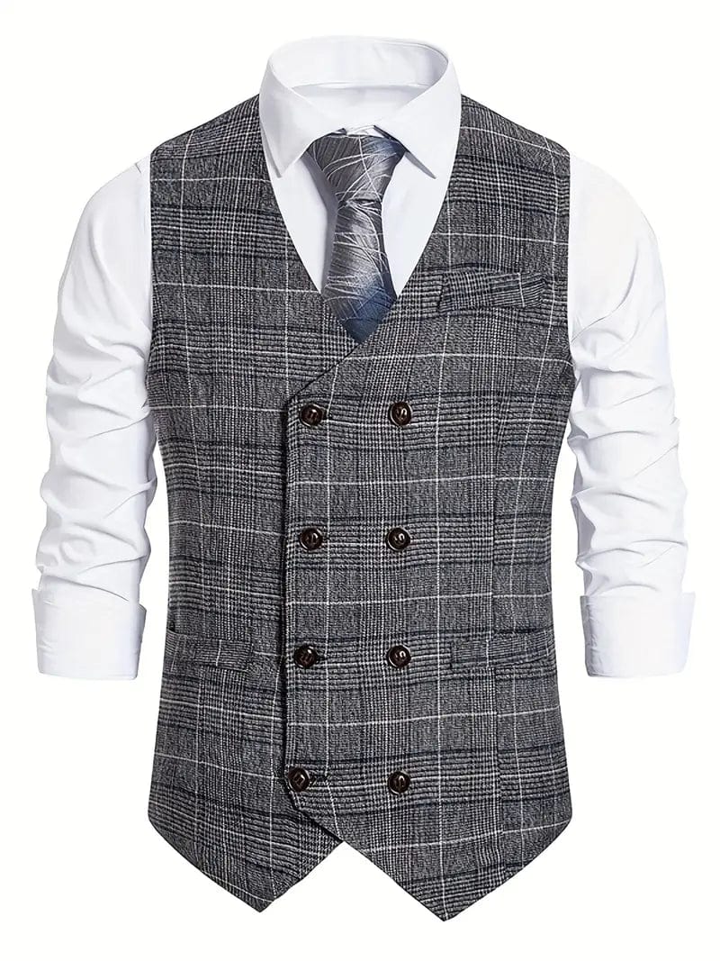 ceehuteey Men's Formal Double Breasted Plaid V Neck Waistcoat