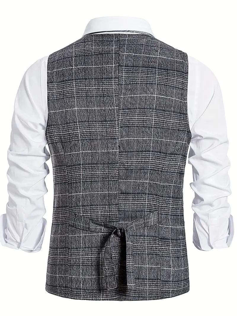 ceehuteey Men's Formal Double Breasted Plaid V Neck Waistcoat