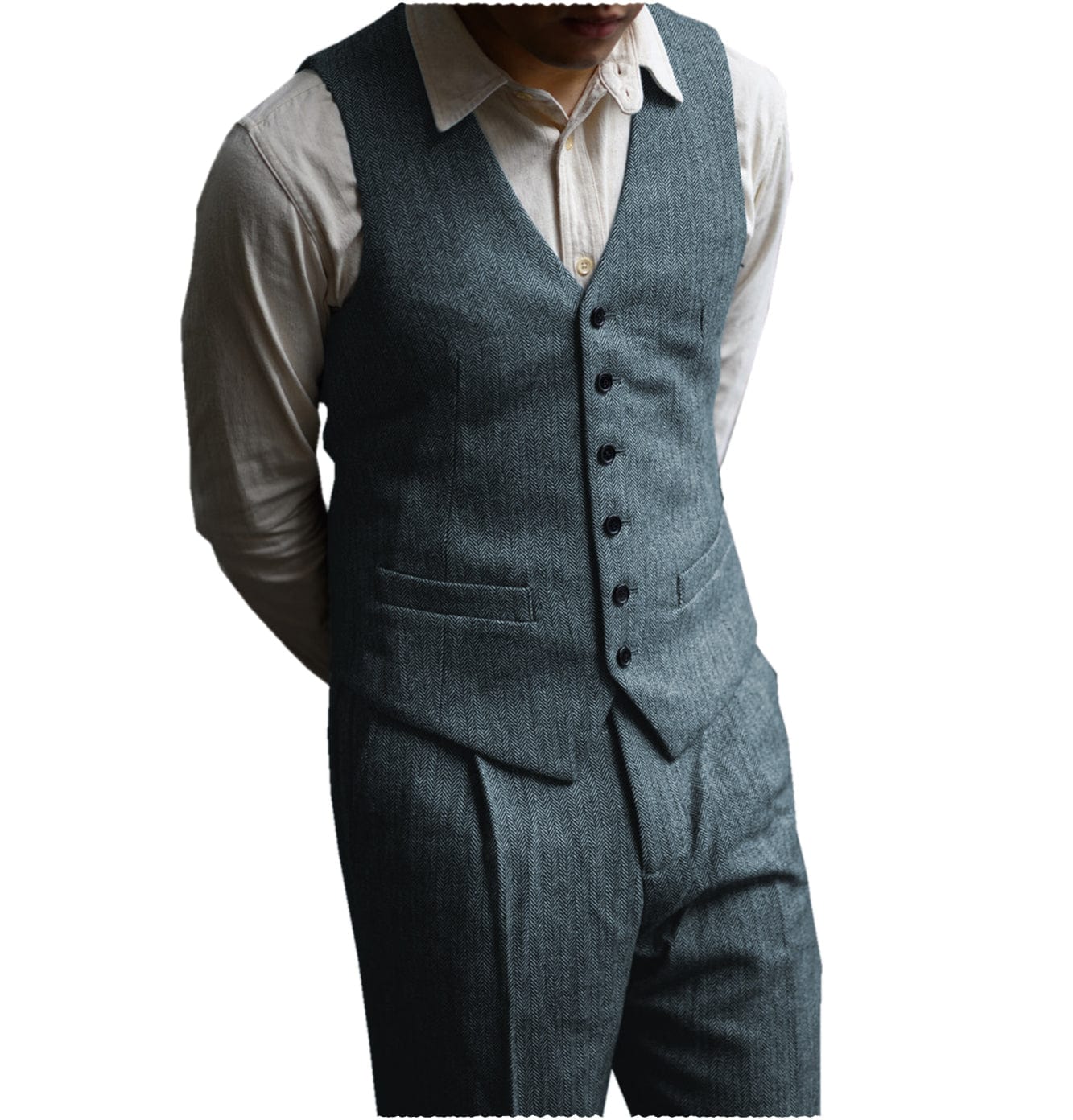 ceehuteey Men‘s Formal Herringbone v Neck 2 Pieces （Waistcoat+Pants）