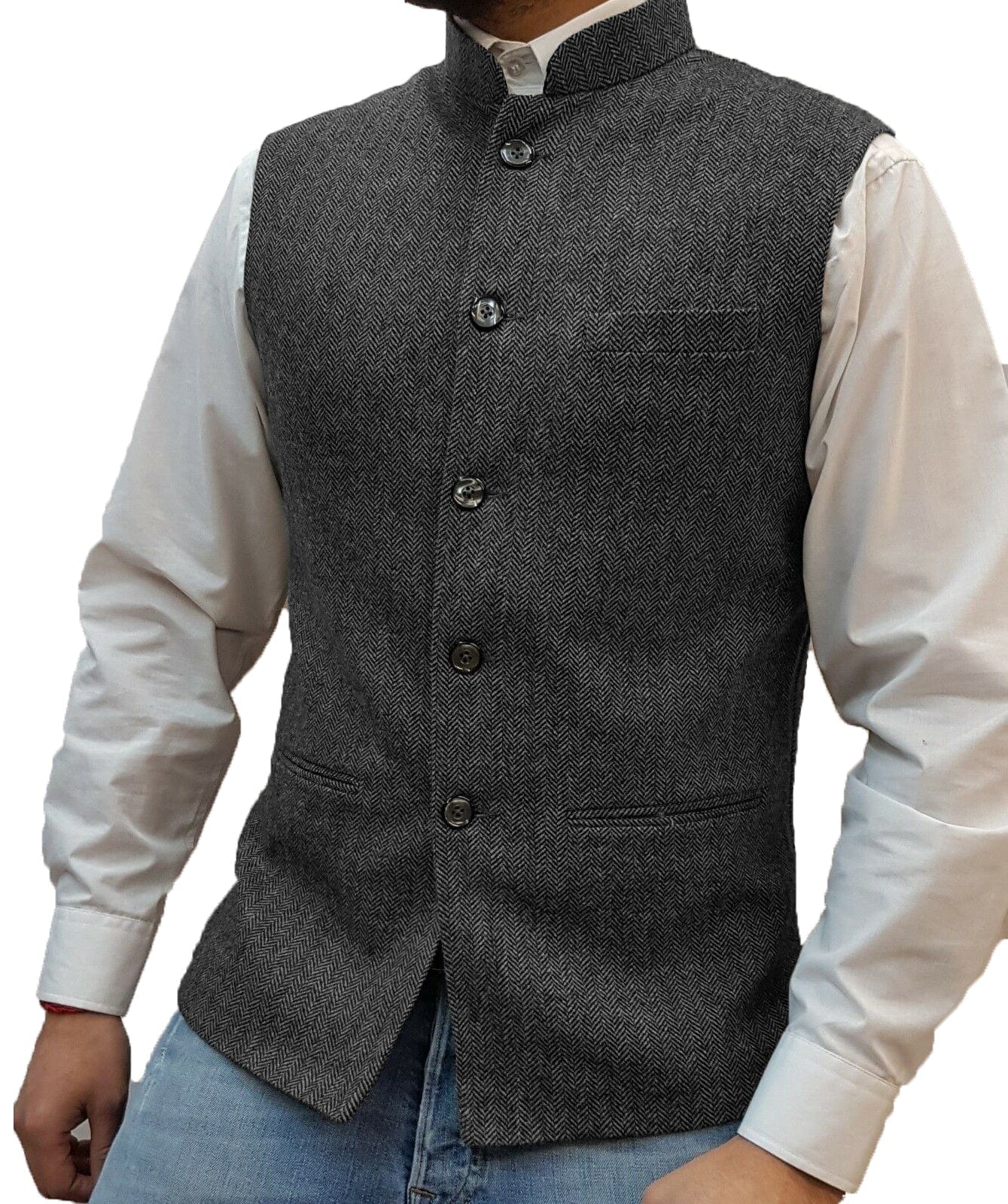 ceehuteey Men's Herringbone Stand Collar Formal Waistcoat