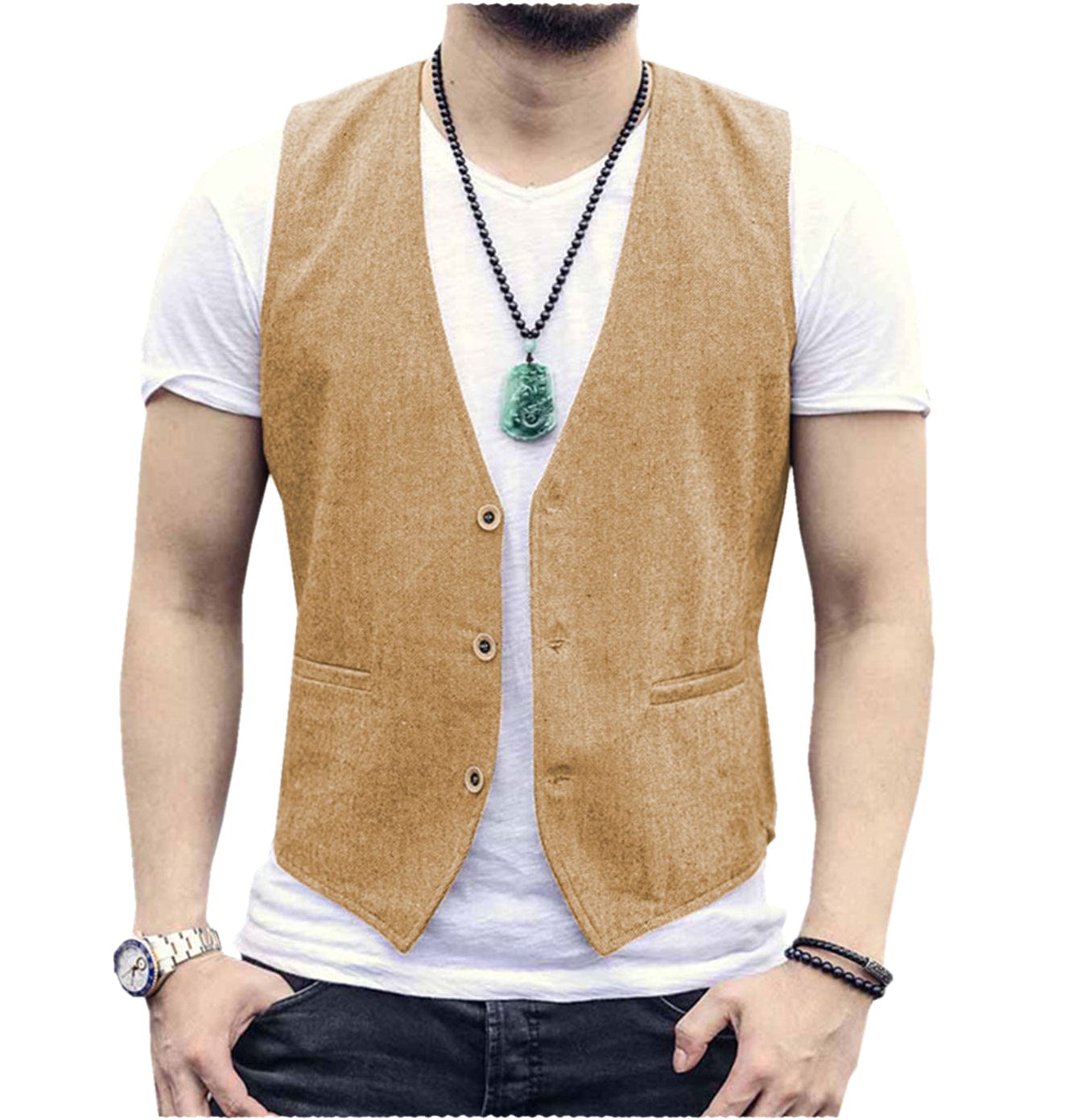 ceehuteey Men's Linen V Neck Casual Summer Waistcoat