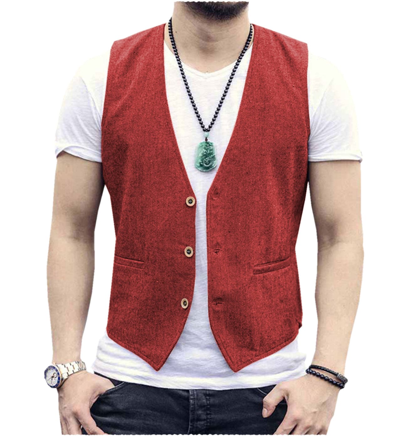 ceehuteey Men's Linen V Neck Casual Summer Waistcoat