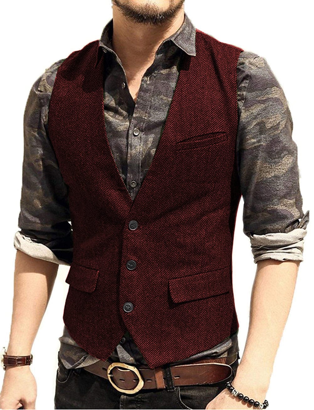 ceehuteey Men's Slim Fit Solid Herringbone V Neck Waistcoat