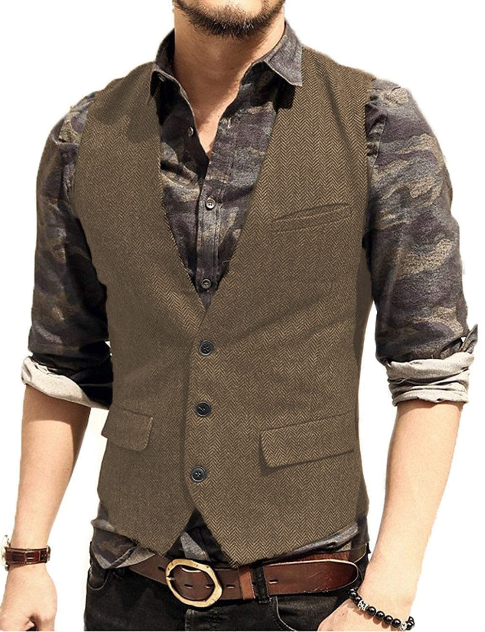 ceehuteey Men's Slim Fit Solid Herringbone V Neck Waistcoat