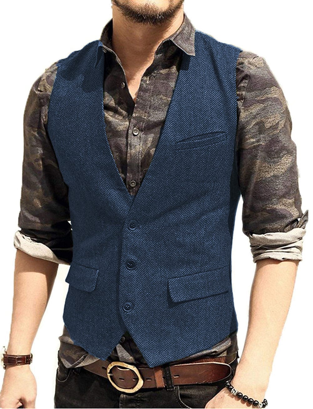 ceehuteey Men's Slim Fit Solid Herringbone V Neck Waistcoat