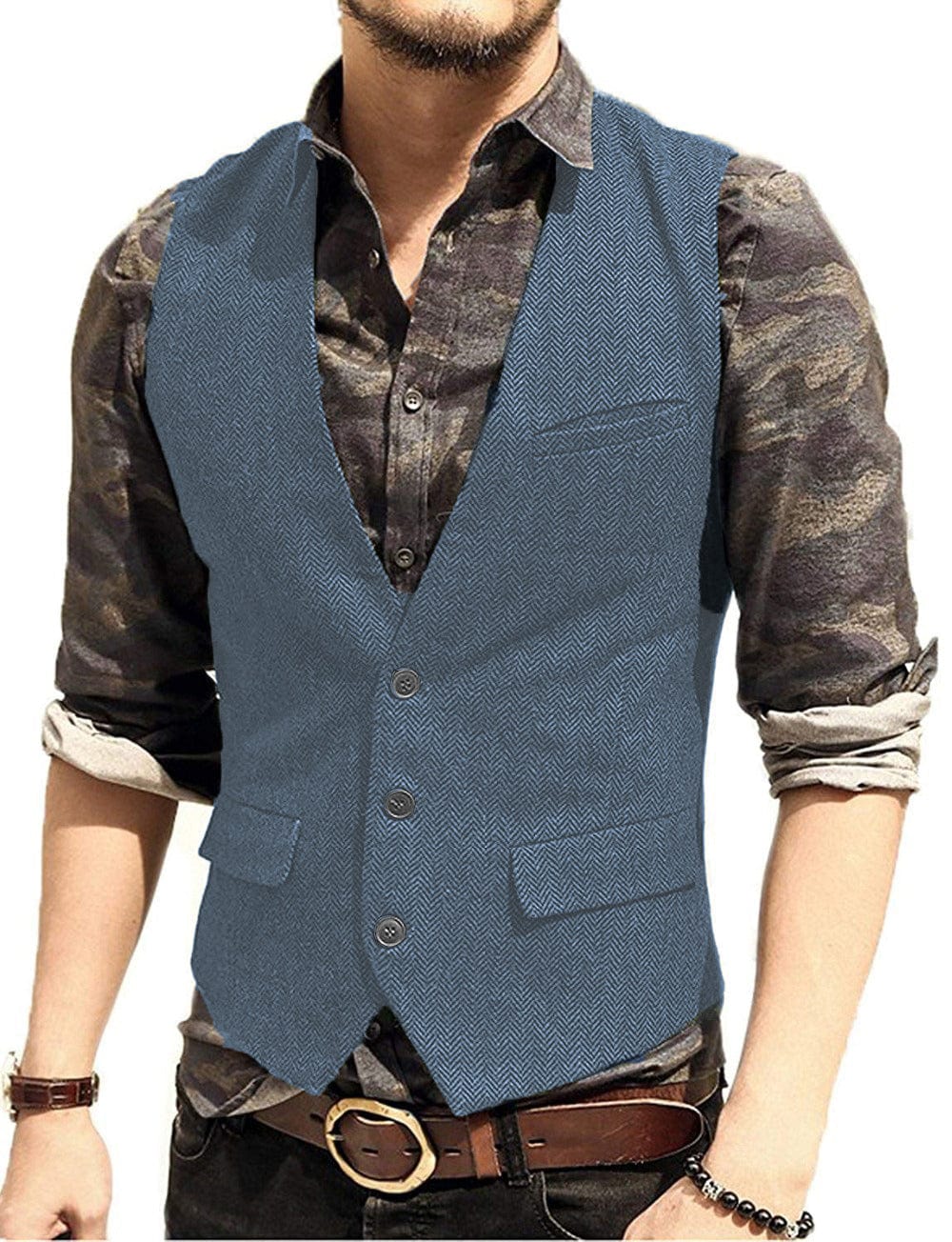 ceehuteey Men's Slim Fit Solid Herringbone V Neck Waistcoat