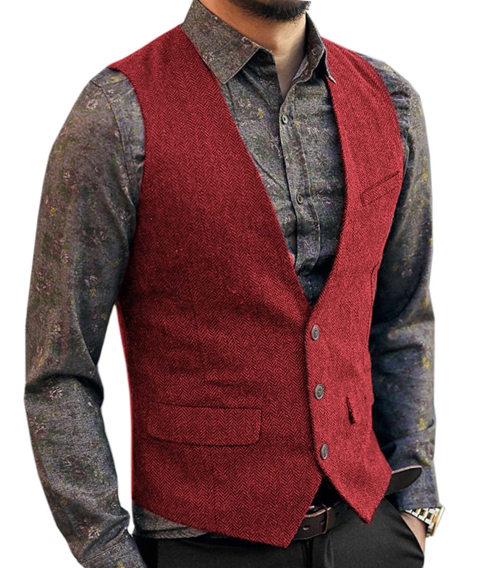 ceehuteey Men's Slim Fit Tweed Herringbone V Neck Casual Waistcoat