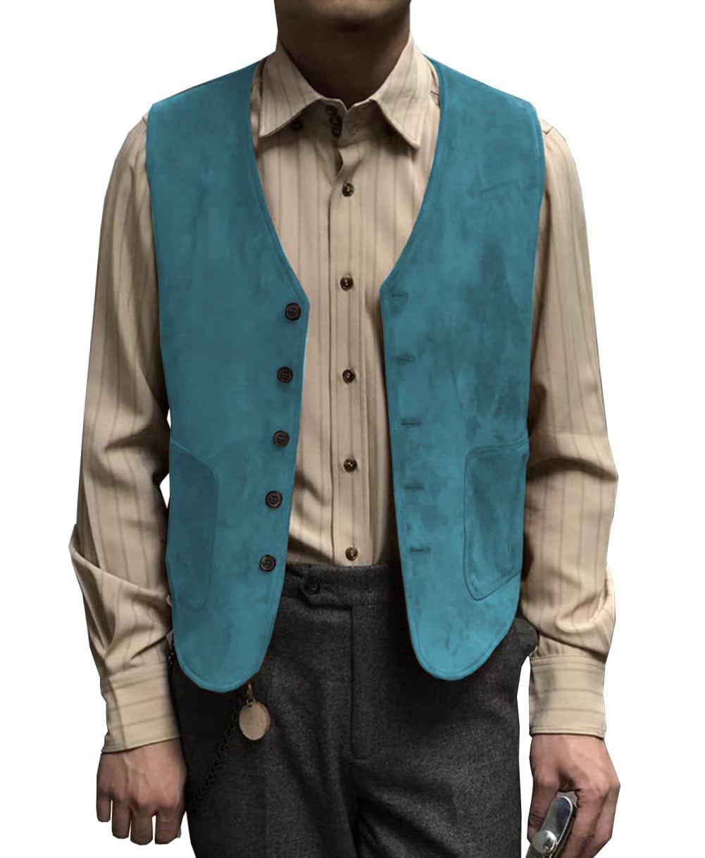 ceehuteey Men's Suede Cowboy V Neck Denim Jacket Waistcoat