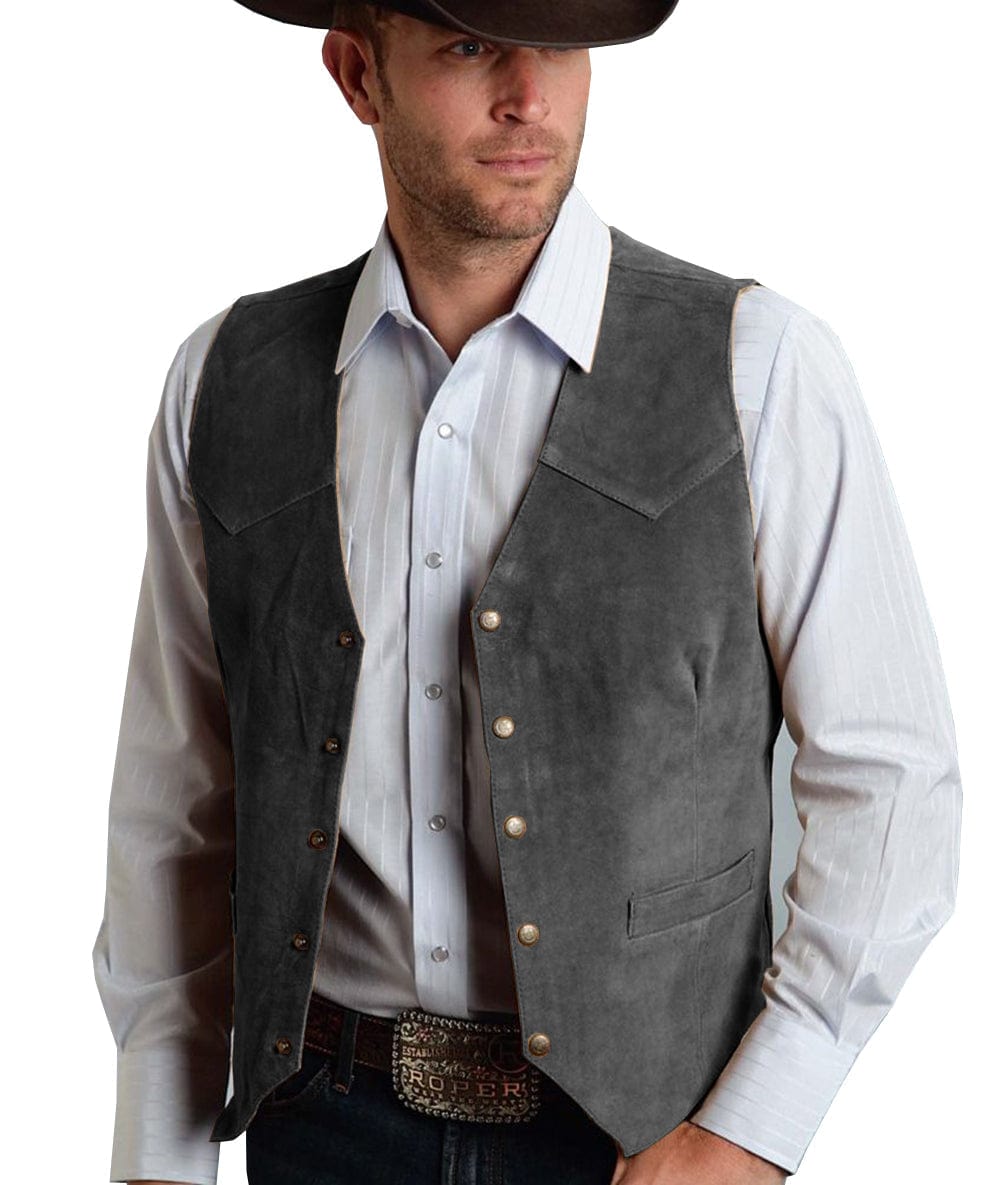 ceehuteey Men's Suede V  Denim Jacket Neck Waistcoat Denim Jacket