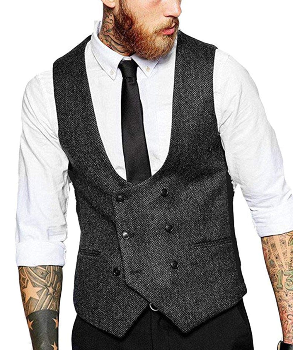 ceehuteey Men's Tweed Herringbone Double Breasted U Neck Waistcoat