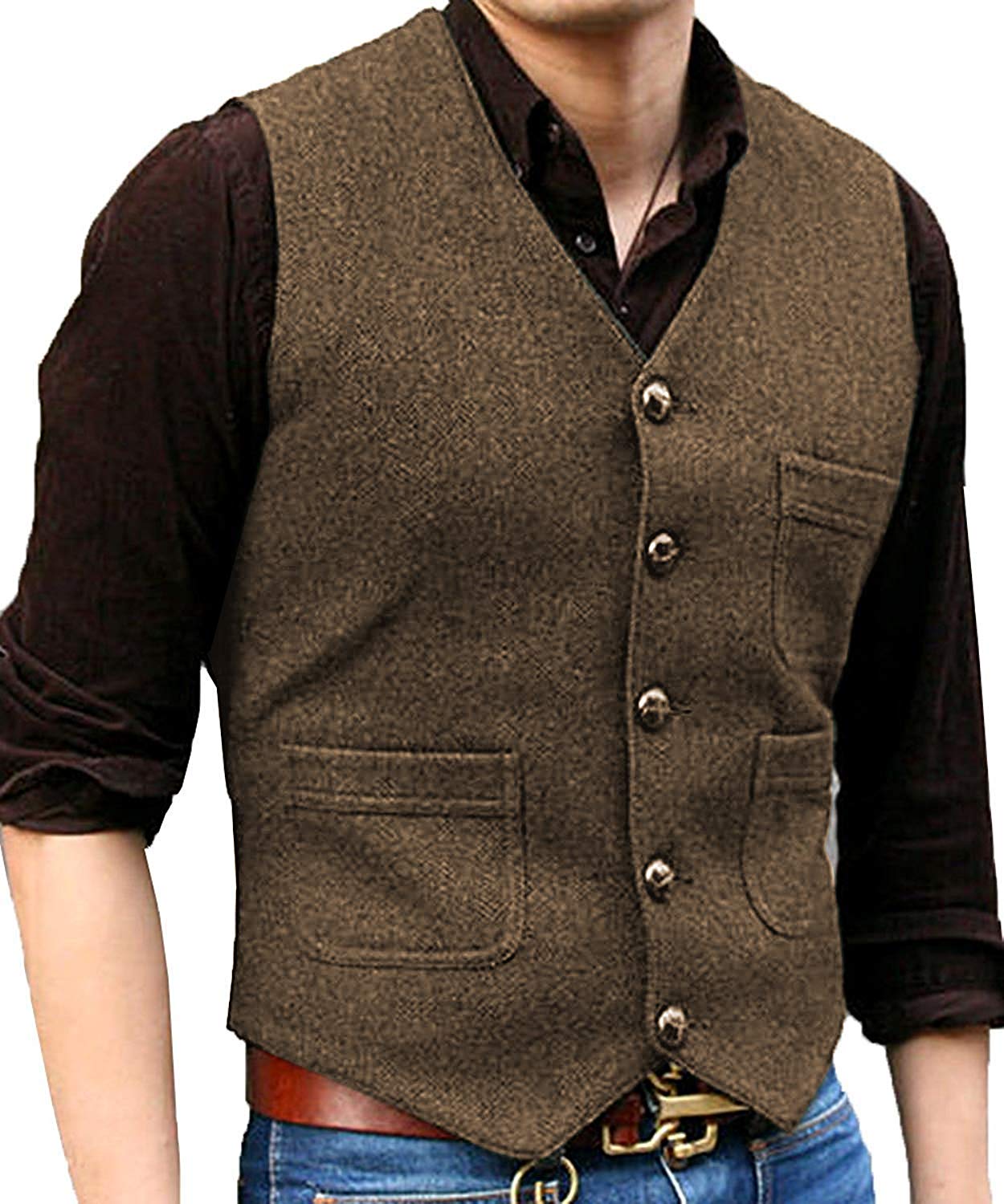 ceehuteey Men's Tweed Herringbone Vintage V Neck Waistcoat