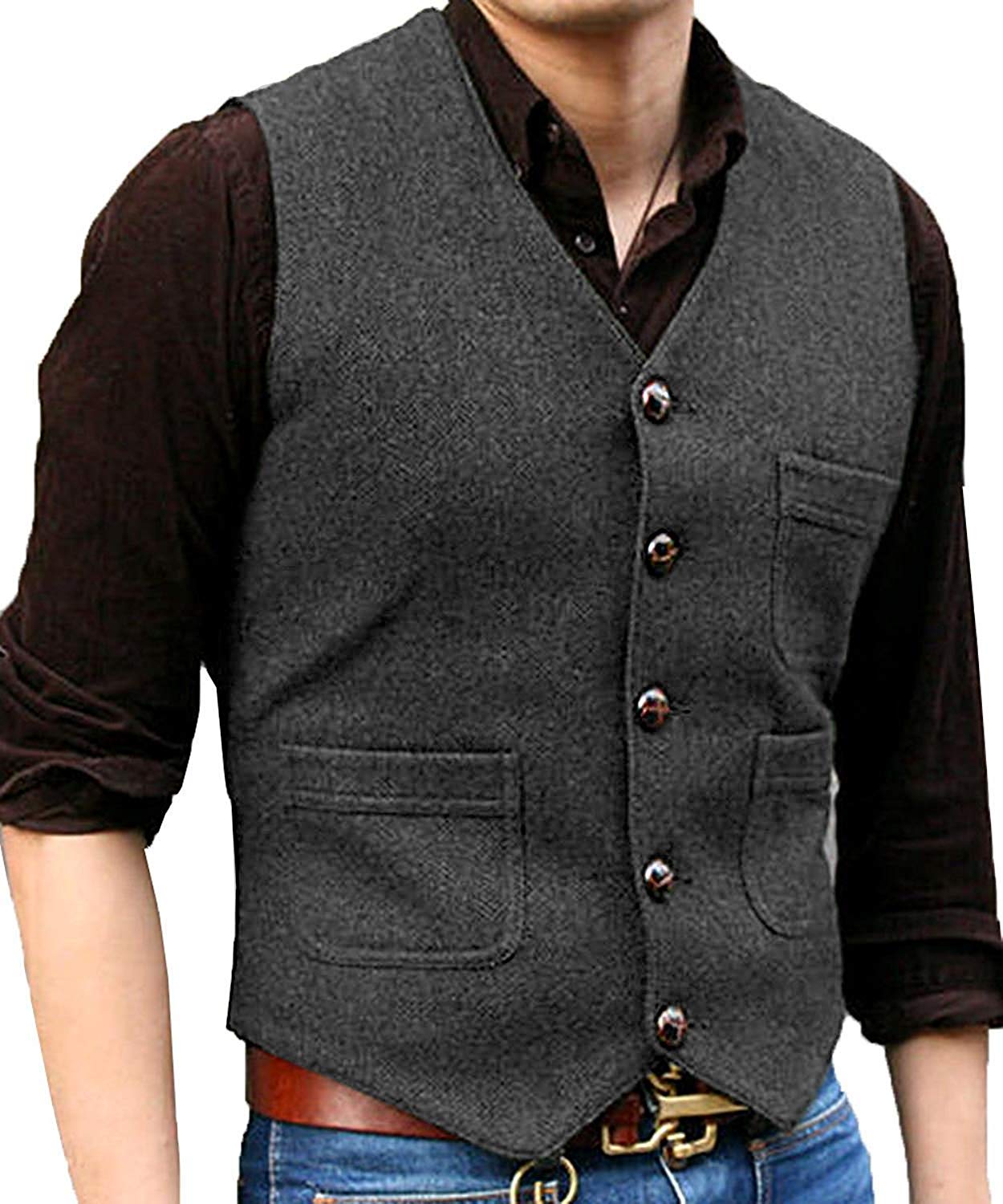 ceehuteey Men's Tweed Herringbone Vintage V Neck Waistcoat