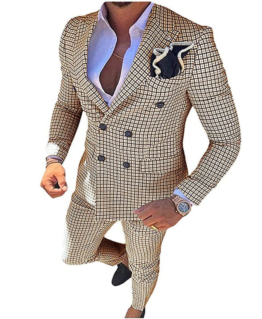 ceehuteey Mens 2 Pieces Plaid Suit Double Breasted Houndstooth Peak Lapel  (Blazer+Pants)