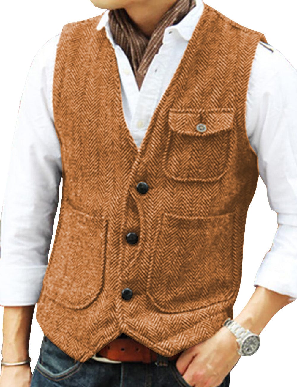 ceehuteey Mens Classic Tweed Herringbone Vintage V Neck Waistcoat