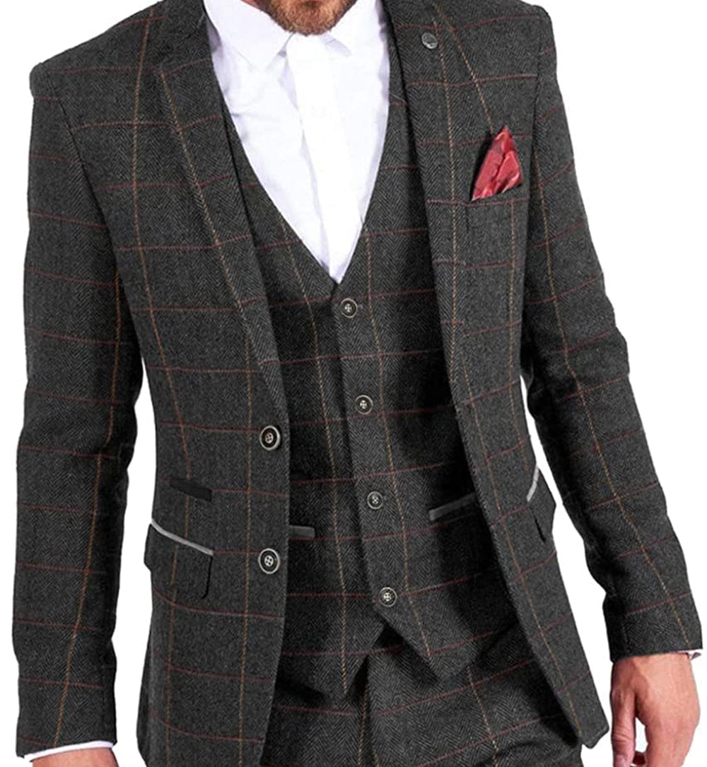 ceehuteey Vintage Classic Men's 3 Pieces Plaid Notch Lapel Suit (Blazer+vest+Pants)